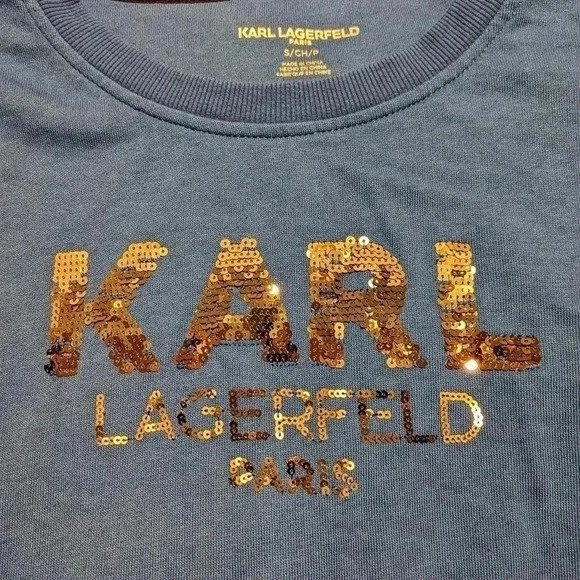 KARL LAGERFELD PARIS Navy Blue Silver‎ Sequin Logo Crew Neck Sweatshirt Sz S - Picture 7 of 7